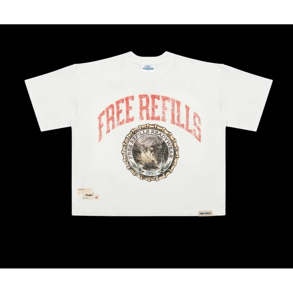 Free Refills Graphic T Shirt‎ Size oversized Small White Red Vtg Retro 90s Style